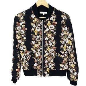 WAYF Womens Satin Bomber Jacket Black Size Small Full Zip Pockets Ribbed Floral